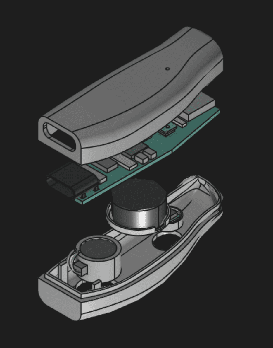 Exploded view of the Cue device: the outer shell on top, the circuit board below it, then the coin battery and the vibration motor sitting in the inner shell that rests against the skin behind the ear.